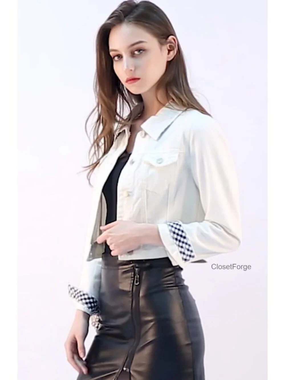 Cotton Denim Cropped Jacket Button Down Gingham Patchwork